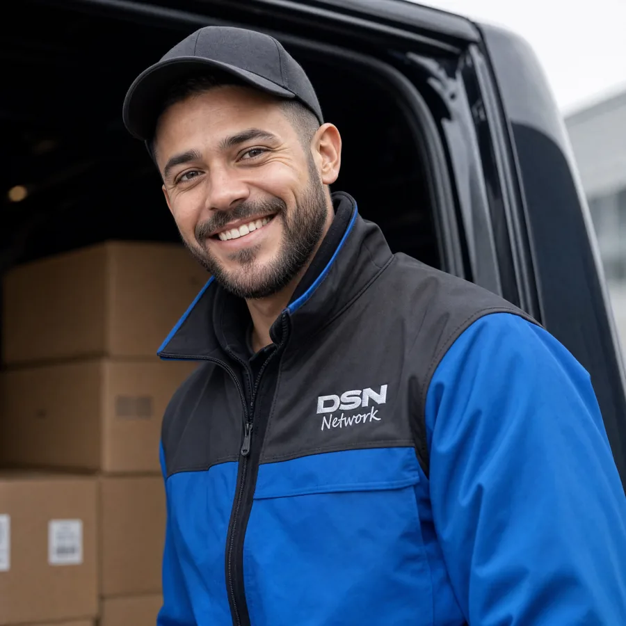 A DSN-uniformed courier standing beside a delivery van